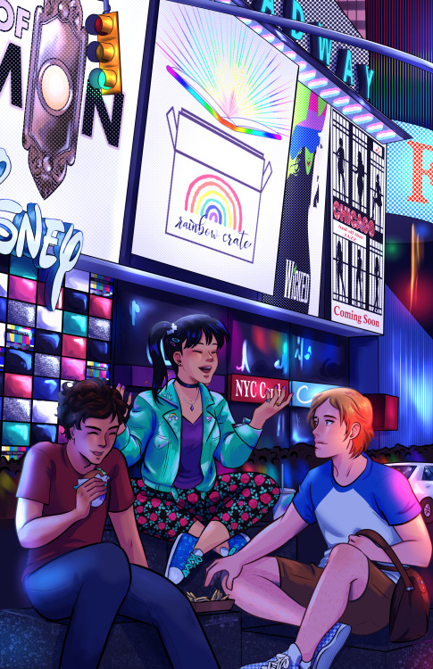 three characters sit in front of lit billboards in times square