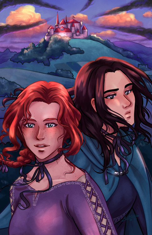 two cahracters in front of a castle