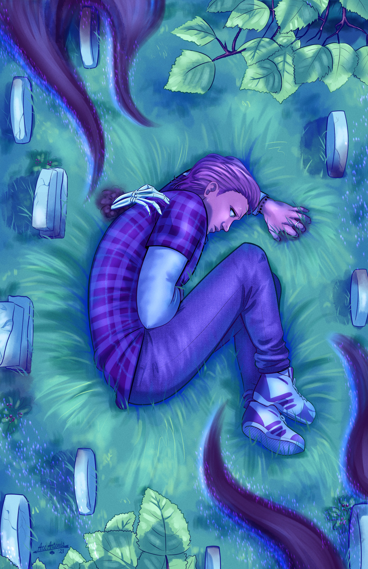a boy laying on the ground in a graveyard