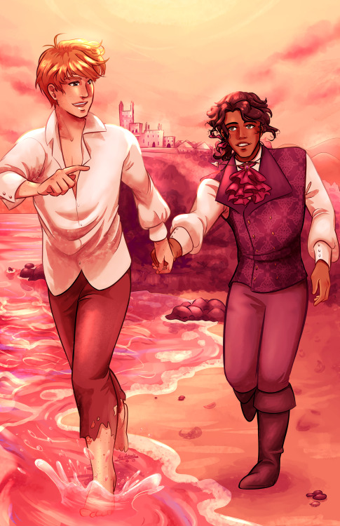 one character leads the other down a beach