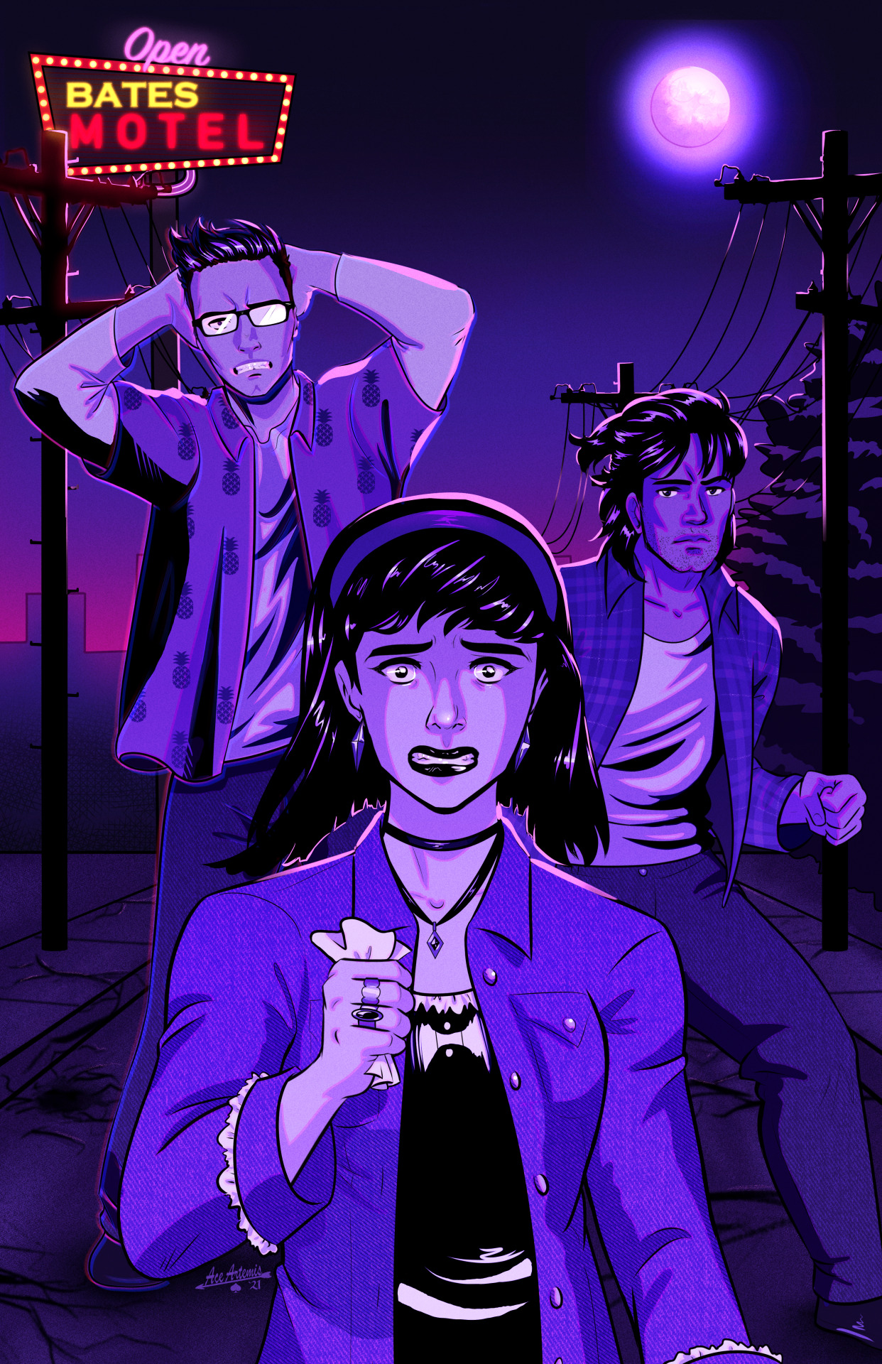 three people in front of a sign for the bates motel and a purple moon