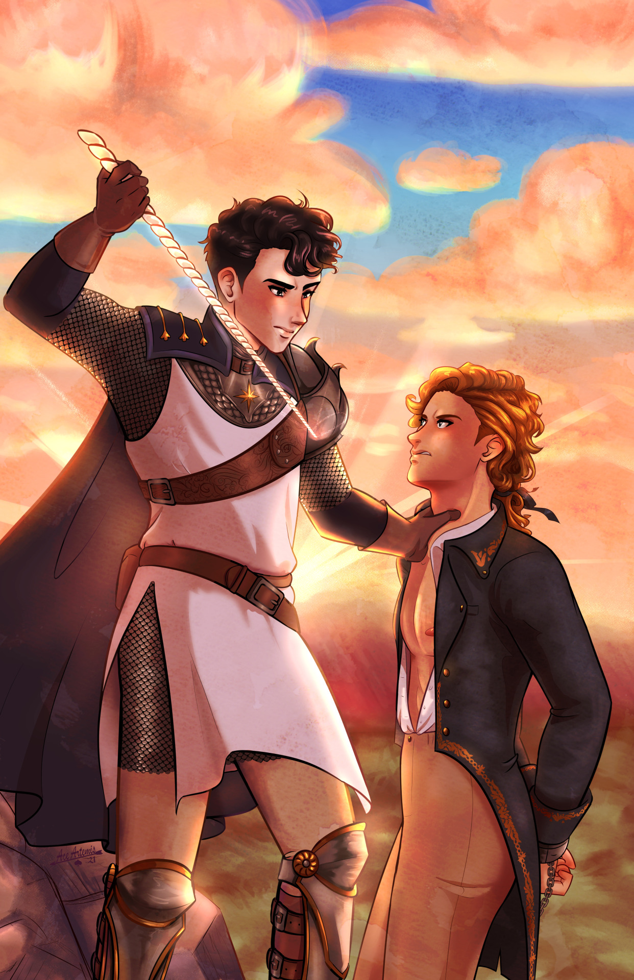 a boy holding a horn at another boy's throat