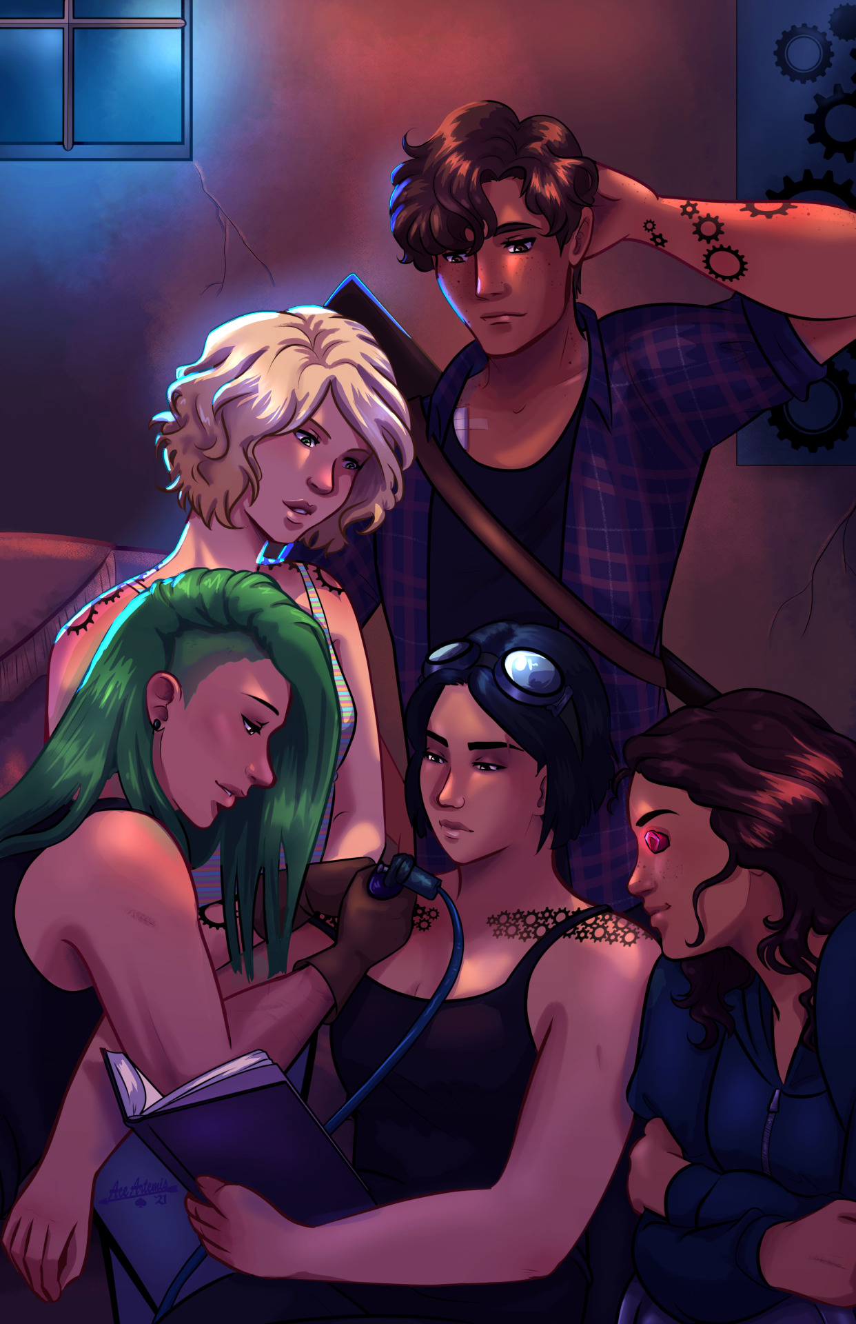 three characters watching while a fourth receives gear tattoos