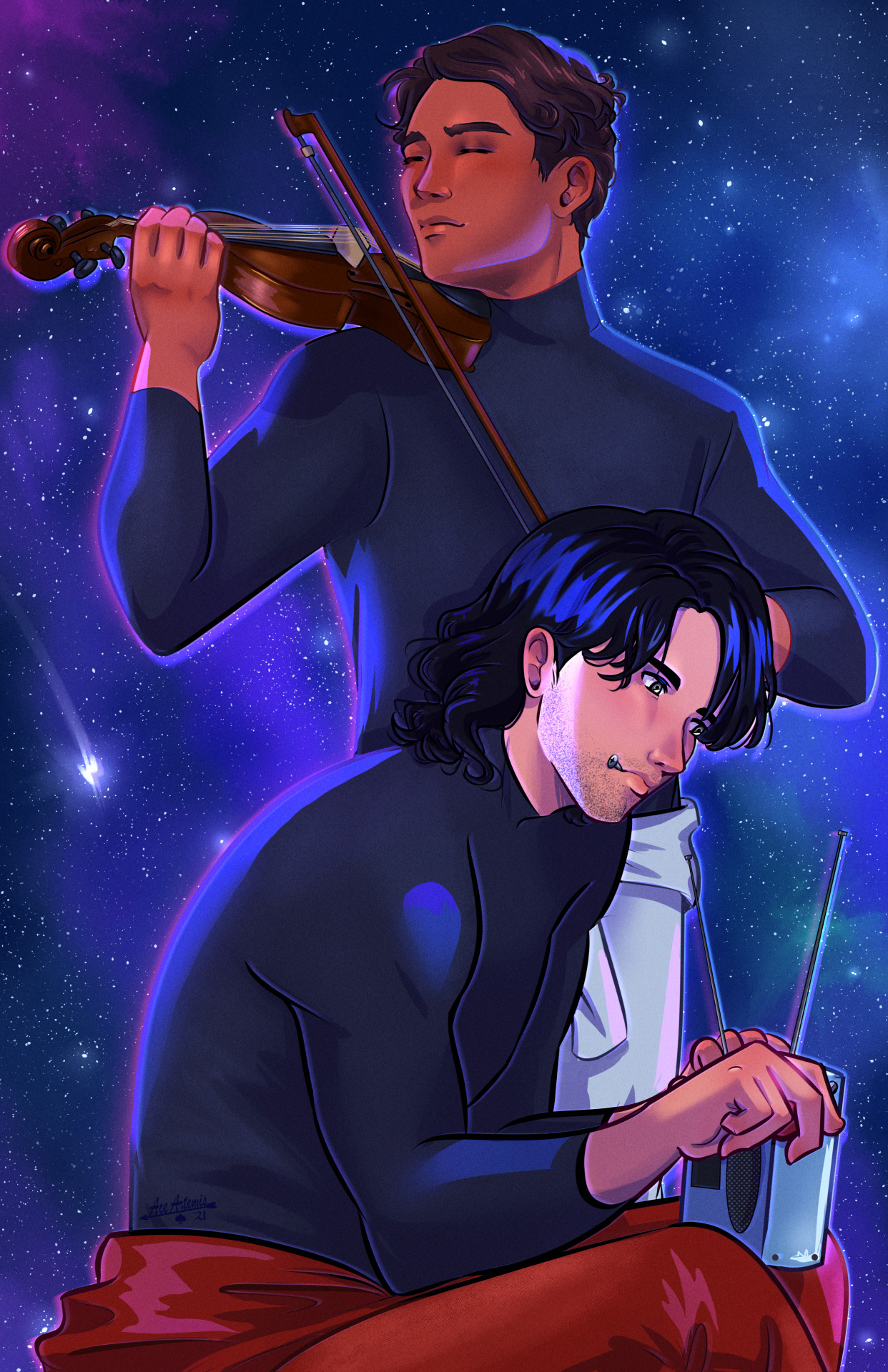one man tunes a radio while the other plays a violin in front of a starry sky
